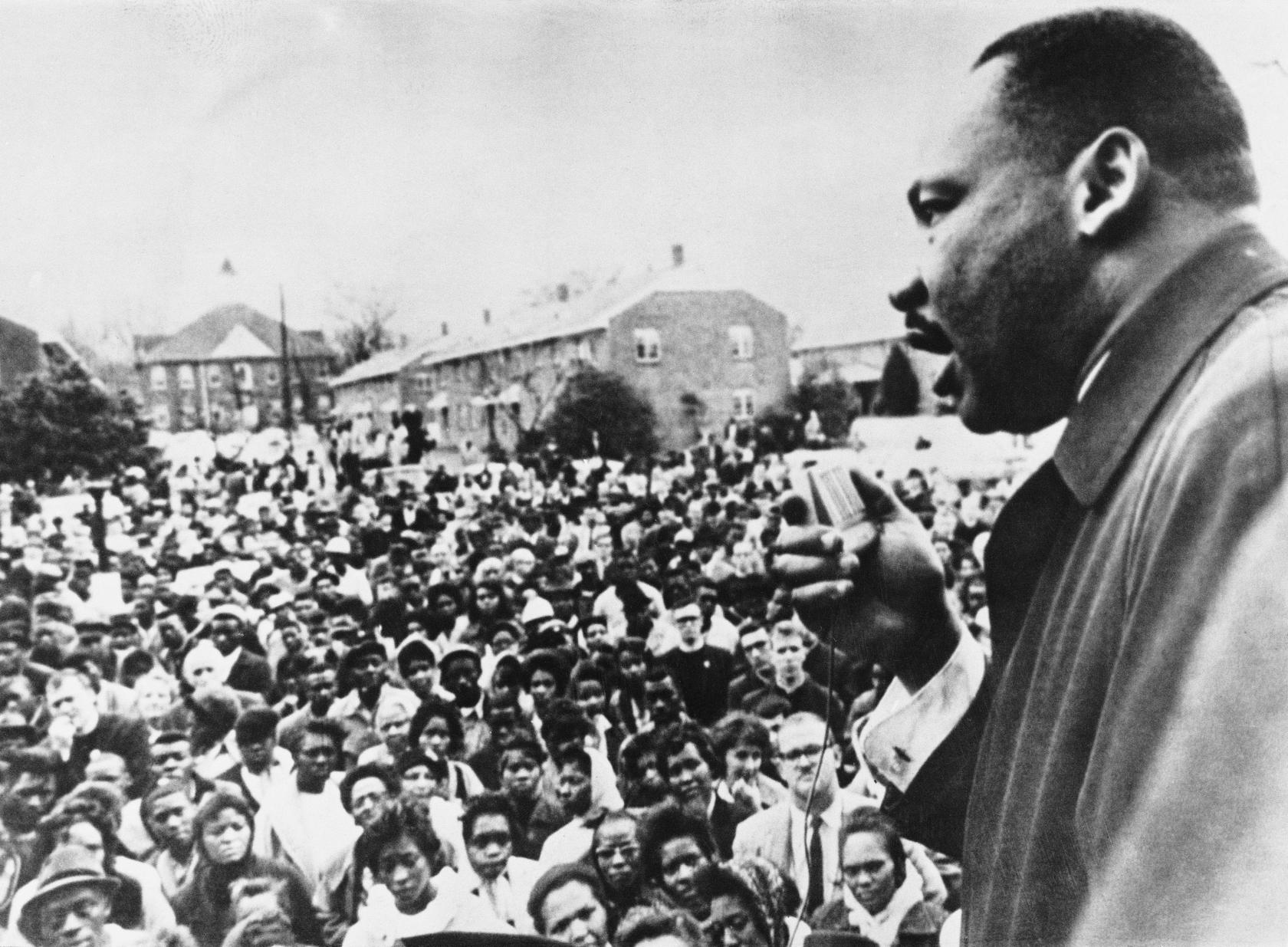 April 1965: Dr Martin Luther King (1929 - 1968) addresses civil rights marchers in Selma, Alabama. (Photo by Keystone/Getty Images)