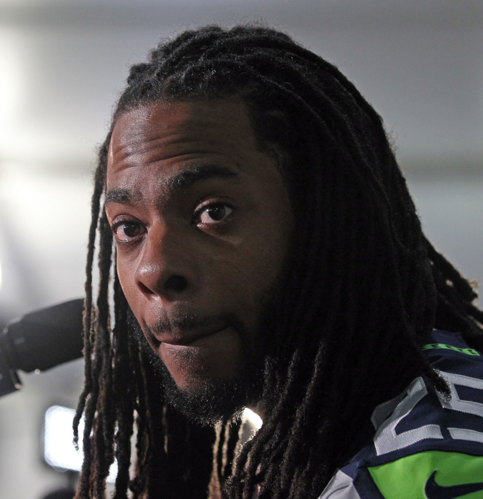 (012815 Phoenix, AZ) Seattle Seahawks Richard Sherman answers questions during Media availability at the Arizona Grand, Phoenix,(Wednesday,January 28, 2015). Staff Photo by Nancy Lane