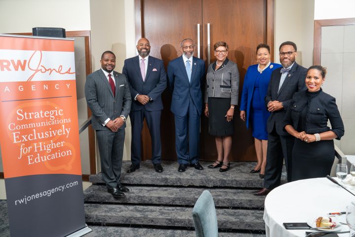 (L to R) HBCU Presidents Dr. Dwaun J. Warmack (Claflin University), Dr. Sean L. Huddleston (Martin University), Dr. Ernest C. McNealey (Allen University), Dr. Cynthia Warrick (Stillman College), Dr. Carmen Walters (Tougaloo College) Dr. Logan Hampton (Lane College) and Dr. Roslyn Clark Artis (Benedict College)