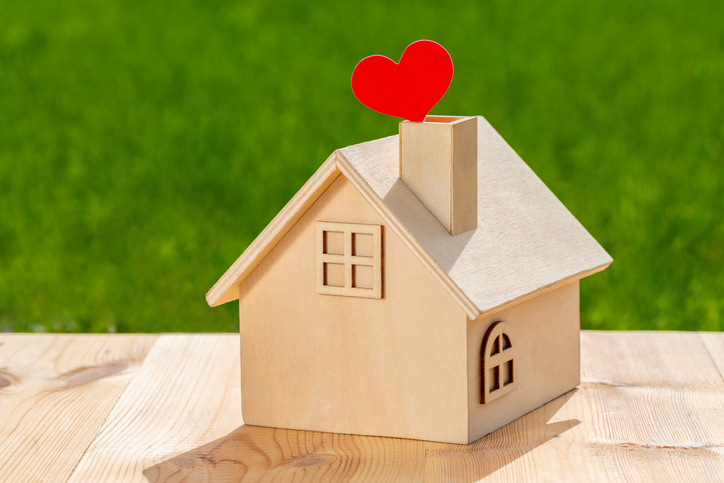 Ecological concept plot with wooden miniature house on nature background under sunlight
