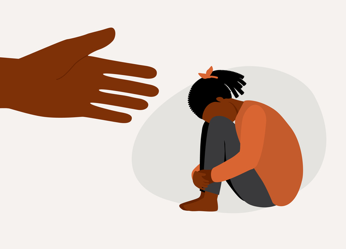 Depressed Black Girl With A Helping Hand. Mental Health Support.