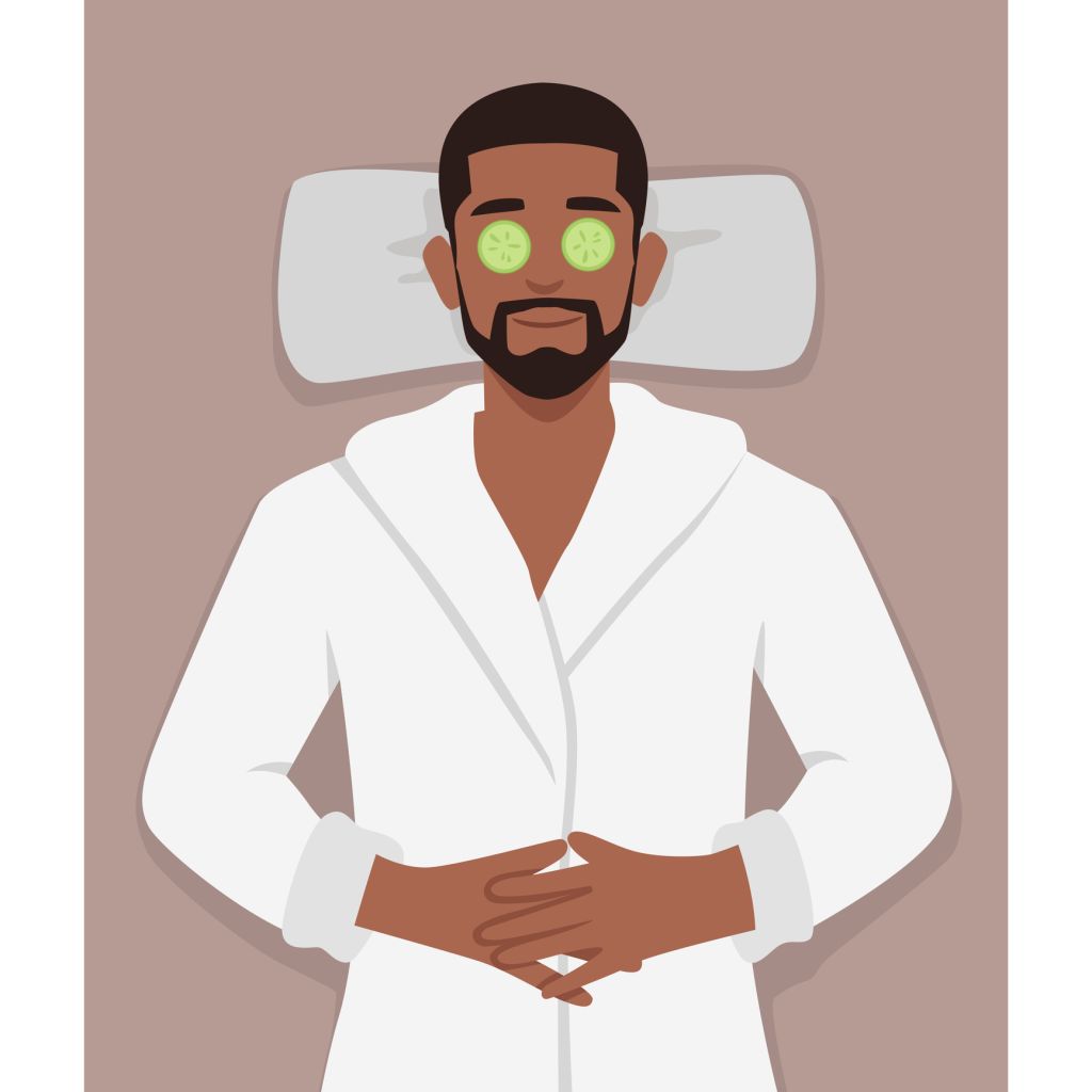 Man with beauty masks on faces use organic creams to get rid of wrinkles and rejuvenate skin.