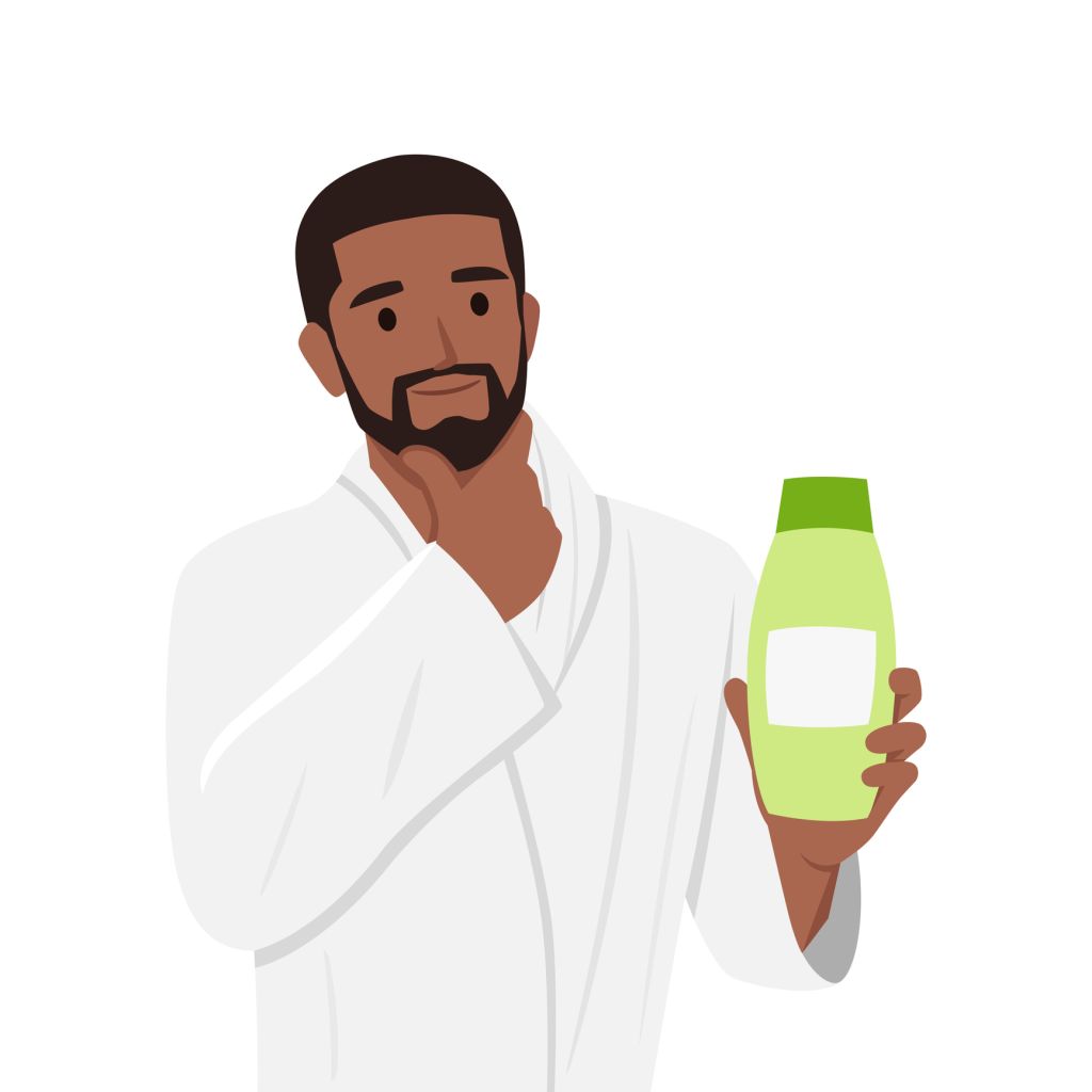 Man with bathrobe holding a hair product and thinking hand on chin.