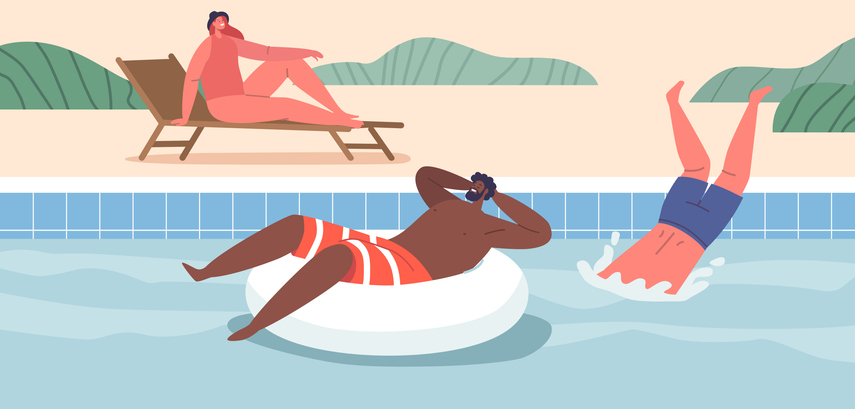 Characters Enjoy Swimming And Relaxing In Pool, Seeking Refreshment And Leisure. Water Offers Soothing Escape From Heat