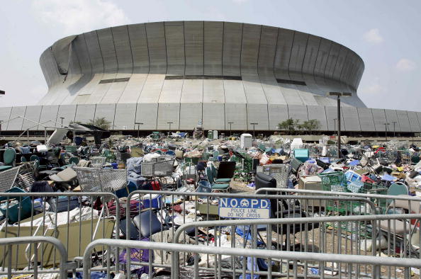 Trash is strewn outside the fully evacua